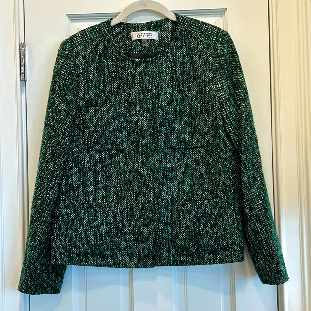 Kasper Green and Black Tweed Blazer w/ Hodden Front Snaps Front Pockets sz. 10P